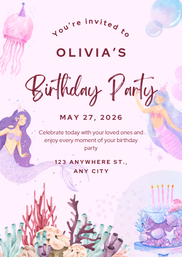Blue and Pink Modern Mermaid Birthday Party Invitation