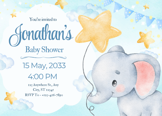 Watercolor Elephant Baby Shower Invitation Template