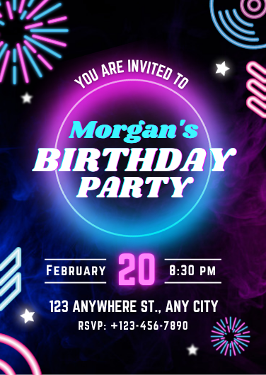 Blue & Pink Neon Radiant Birthday Party Invitation