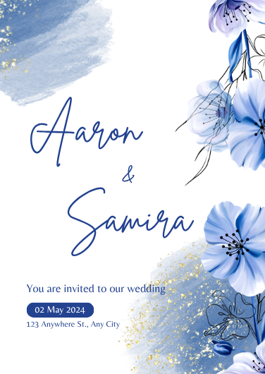 Blue Watercolor Floral Wedding Invitation Template