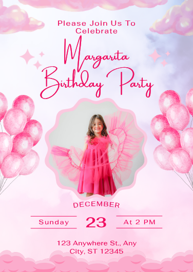 Pink Watercolor Birthday Invitation with Photo Frame