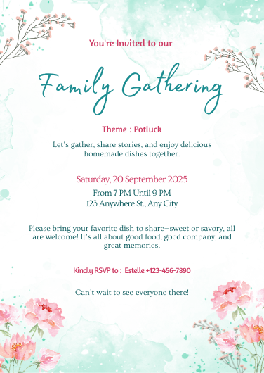 Teal and Pink Watercolor Family Gathering Invitation