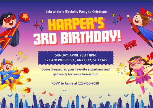 Purple & Yellow Superhero Birthday Party Invitation
