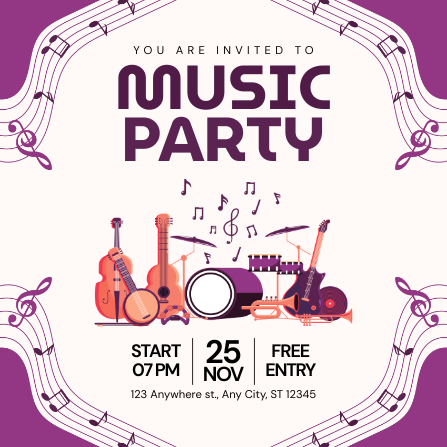 Purple and White Illustrated Music Party Invitation