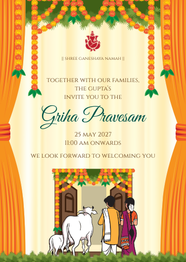 Orange & Green Traditional Griha Pravesam Invitation