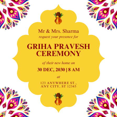 White and Yellow Illustrative Griha Pravesh Invitation