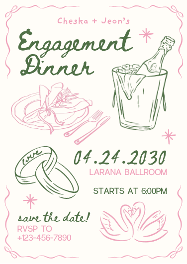 Green and Pink Doodle Aesthetic Engagement Dinner Invitation