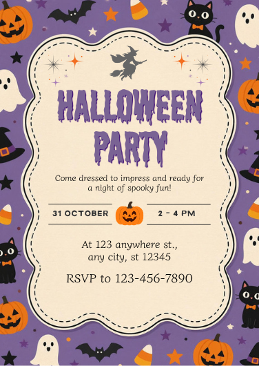 Purple and Orange Playful Halloween Party Invitation
