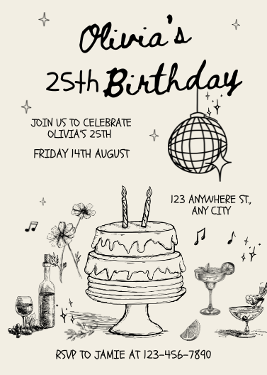 Hand-Drawn Black and Cream Birthday Invitation Template