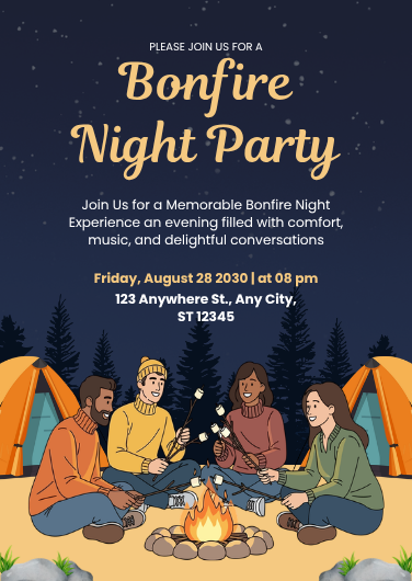 Blue and Orange Bonfire Night Party Invitation Template