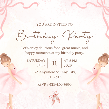 Pink Watercolor Ballerina Birthday Invitation Template