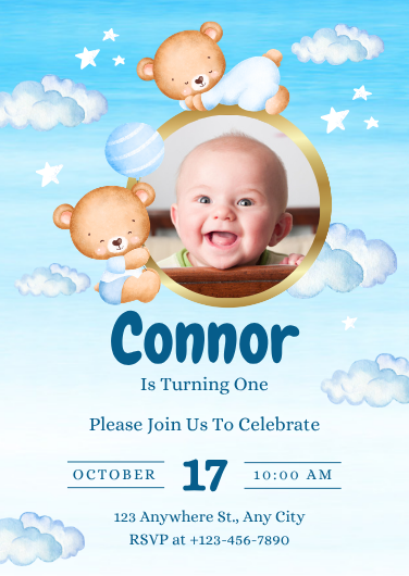 Light Blue Watercolor Teddy Bear First Birthday Invitation