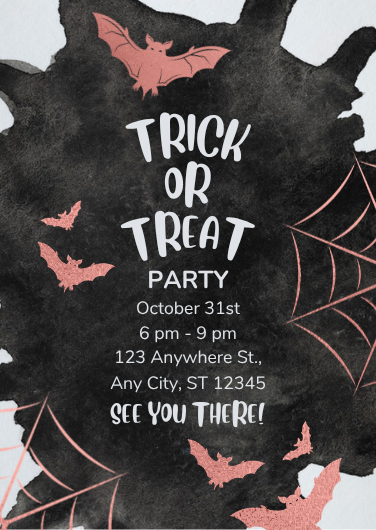 Black and Pink Watercolor Trick or Treat Halloween Party Invitation