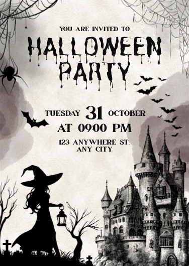 Black and Cream Illustrated Halloween Party Invitation