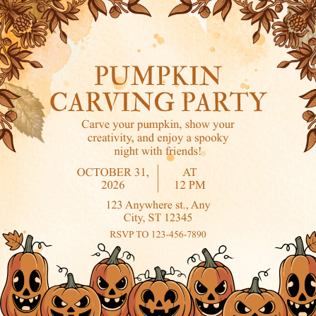 Brown and Orange Illustrated Pumpkin Carving Party Invitation