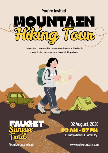 Editable Beige Mountain Hiking Tour Invitation Template