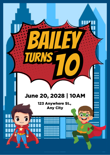 Comic Book Style Superhero Birthday Invitation