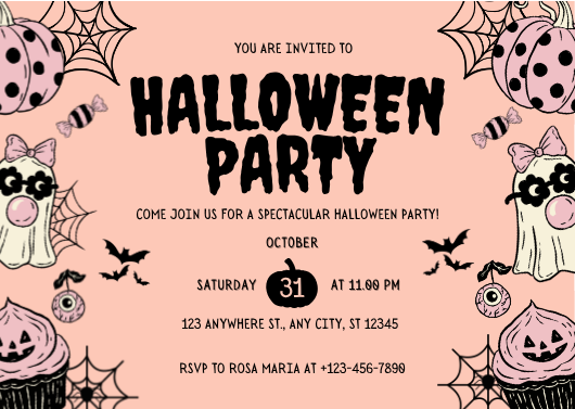 Pink & Black Illustrative Halloween Party Invitation