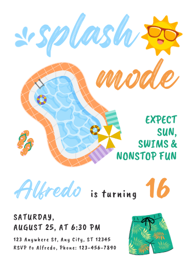 Blue and Orange Playful Pool Party Birthday Invitation