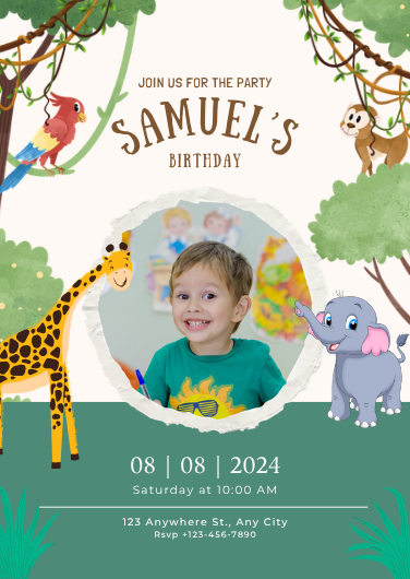 Cute Jungle Animal Photo Birthday Invitation Template
