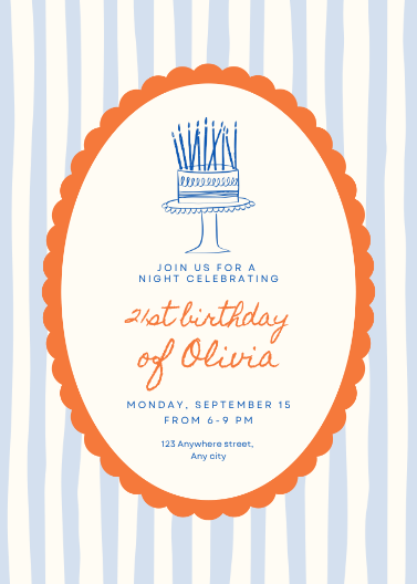 Whimsical Orange and Blue Striped Birthday Party Invitation
