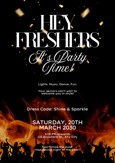Gold and Black Dynamic Freshers Party Invitation Design