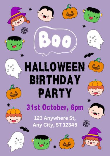 Purple Cute Illustrative Halloween Birthday Invitation