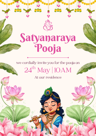 Pink and Green Satyanarayan Pooja Invitation Template