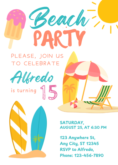 Fun Yellow and Blue Beach Party Birthday Invitation