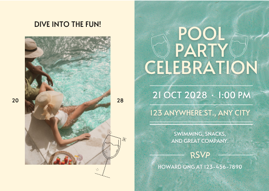 Teal and Cream Minimalist Pool Party Invitation