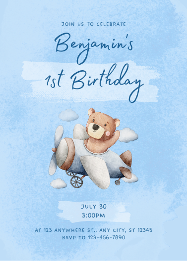Cute Sky Blue Teddy Bear Airplane Birthday Invitation