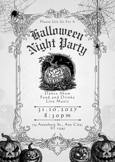 Black and White Vintage Halloween Night Party Invitation
