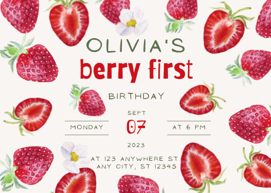 Illustrated Strawberry Berry First Birthday Invitation