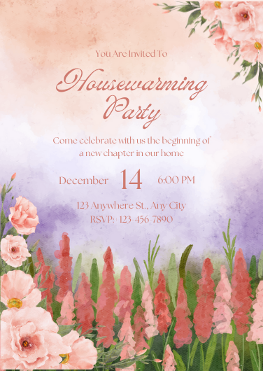 Pink and Green Floral Watercolor Housewarming Invitation