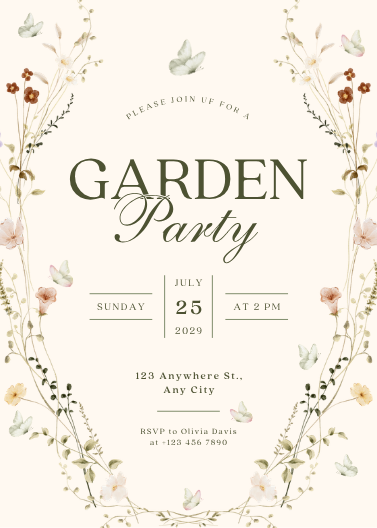 Elegant Beige and Green Floral Garden Party Invitation