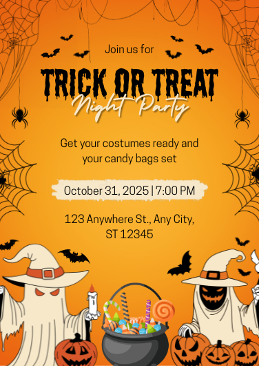 Orange & Black Trick or Treat Halloween Party Invitation