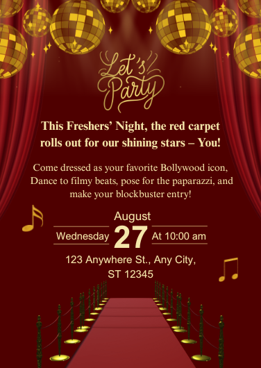 Elegant Bollywood Theme Freshers' Party Invitation