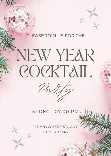 Elegant Pink and Silver New Year Cocktail Party Invitation