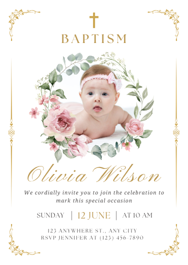 Elegant Floral Wreath Baptism Invitation with Photo