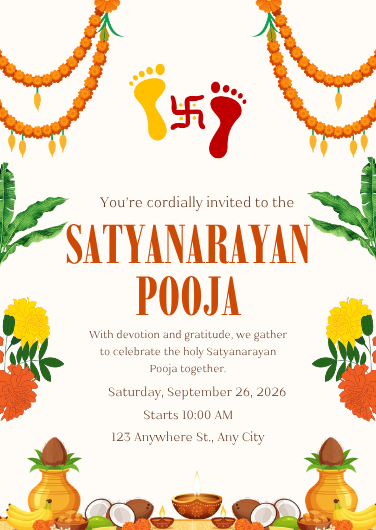 Orange and Green Traditional Satyanarayan Pooja Invitation