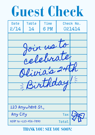 Blue Typographic Guest Check Birthday Invitation