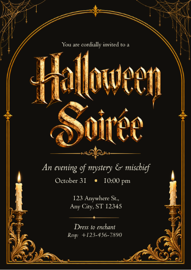 Black and Gold Vintage Gothic Halloween Soirée Invitation
