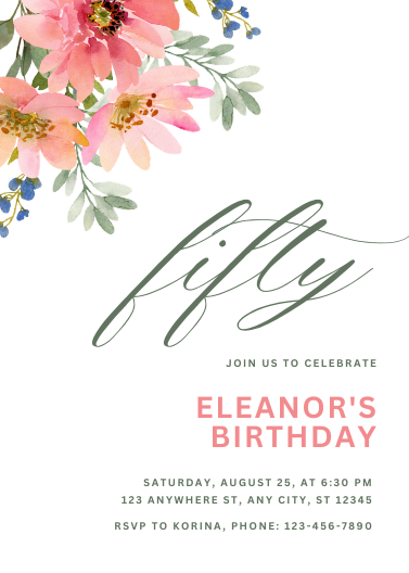 Watercolor Floral 50th Birthday Invitation Template