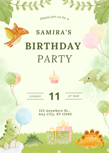 Cute Green Dinosaur Birthday Party Invitation Template