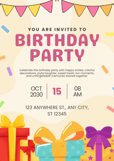 Pink, Yellow & Blue Playful Birthday Party Invitation