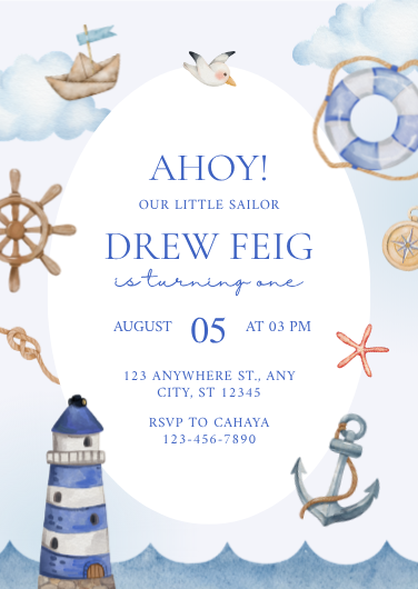 Blue and White Nautical Sailor First Birthday Invitation