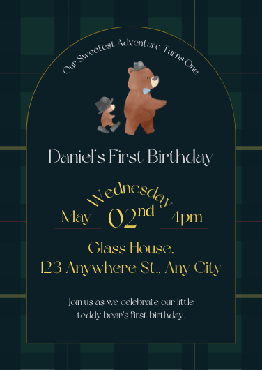 Dark Green Teddy Bear 1st Birthday Invitation Template