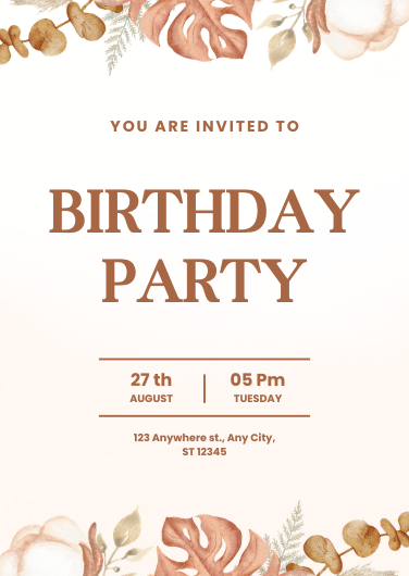 Brown and Beige Floral Birthday Party Invitation Template