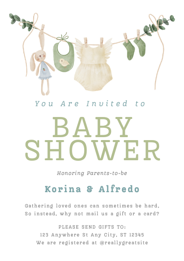 Green and Blue Clothesline Baby Shower Invitation