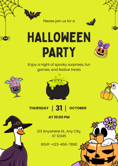 Cute Yellow and Purple Halloween Party Invitation Template